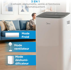 MIDEA Climatiseur Mobile 12000 BTU - Appareil 4-en-1 avec Ioniseur, Double Filtre, Contrôle Wi-Fi/App et Télécommande, Kit Fenêtre Inclus, Classe Énergétique A - Blanc