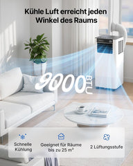 Temprium Climatiseur Mobile 9000 BTU (2,6 kW) - Appareil Écoénergétique 3-en-1 avec Contrôle Wi-Fi/Vocal, Mode Nuit Silencieux 48 dB, Minuterie 24H et Kit Fenêtre Inclus, Classe A - Blanc