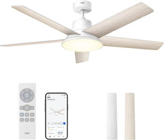DREO DR-HCF001S White - Ventilateur de plafond intelligent 132cm, lumière LED dimmable et réglable, moteur DC silencieux 12 vitesses, compatible Alexa - Blanc