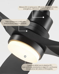 Forrovenco QX-06-DE - Ventilateur de plafond 132 cm noir avec lumière LED CCT et télécommande, 3 pales en bois, moteur DC réversible silencieux - Noir