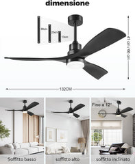 Forrovenco QX-06-DE - Ventilateur de plafond 132 cm noir avec lumière LED CCT et télécommande, 3 pales en bois, moteur DC réversible silencieux - Noir