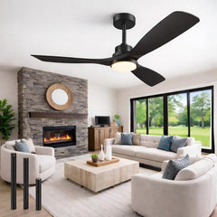 Forrovenco QX-06-DE - Ventilateur de plafond 132 cm noir avec lumière LED CCT et télécommande, 3 pales en bois, moteur DC réversible silencieux - Noir