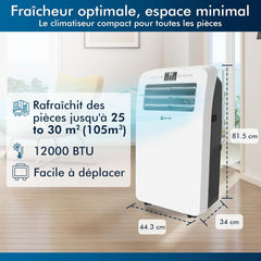 PIAZCEW Rafraîchisseur d'Air 4 en 1 - Climatiseur mobile portable sans évacuation, 6 vitesses, minuterie 12h, oscillation 90° et télécommande - Blanc