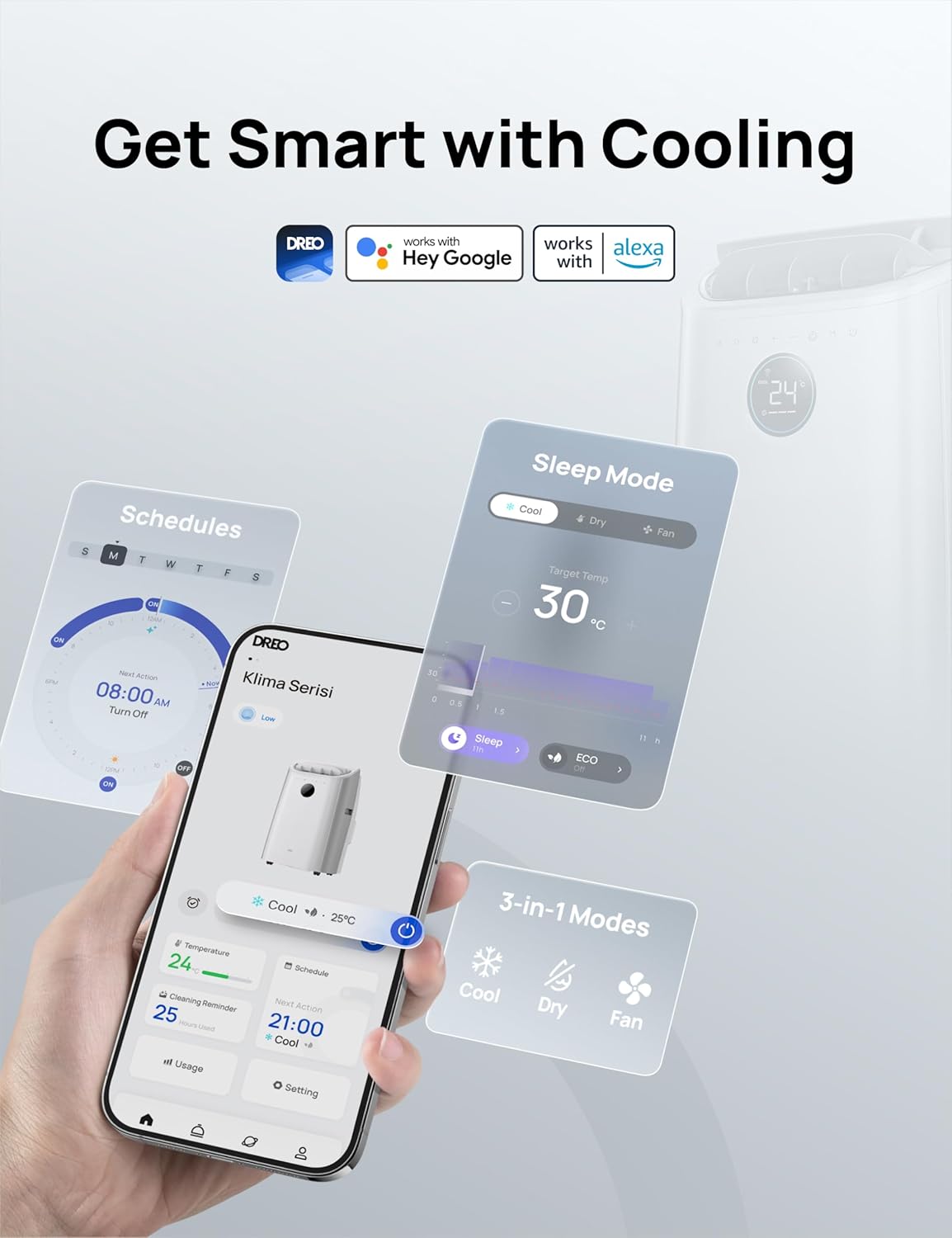 DREO DR-HAC005S Climatiseur Mobile 10 000 BTU - Appareil 3-en-1 avec Refroidissement Rapide, Déshumidificateur et Ventilateur, Contrôle Wi-Fi (Alexa/Google), Sans Drainage, Classe A - Blanc