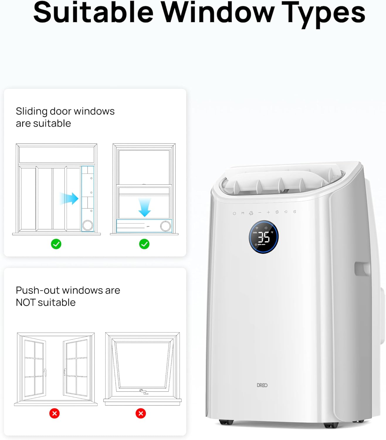 DREO DR-HAC005S Climatiseur Mobile 10 000 BTU - Appareil 3-en-1 avec Refroidissement Rapide, Déshumidificateur et Ventilateur, Contrôle Wi-Fi (Alexa/Google), Sans Drainage, Classe A - Blanc