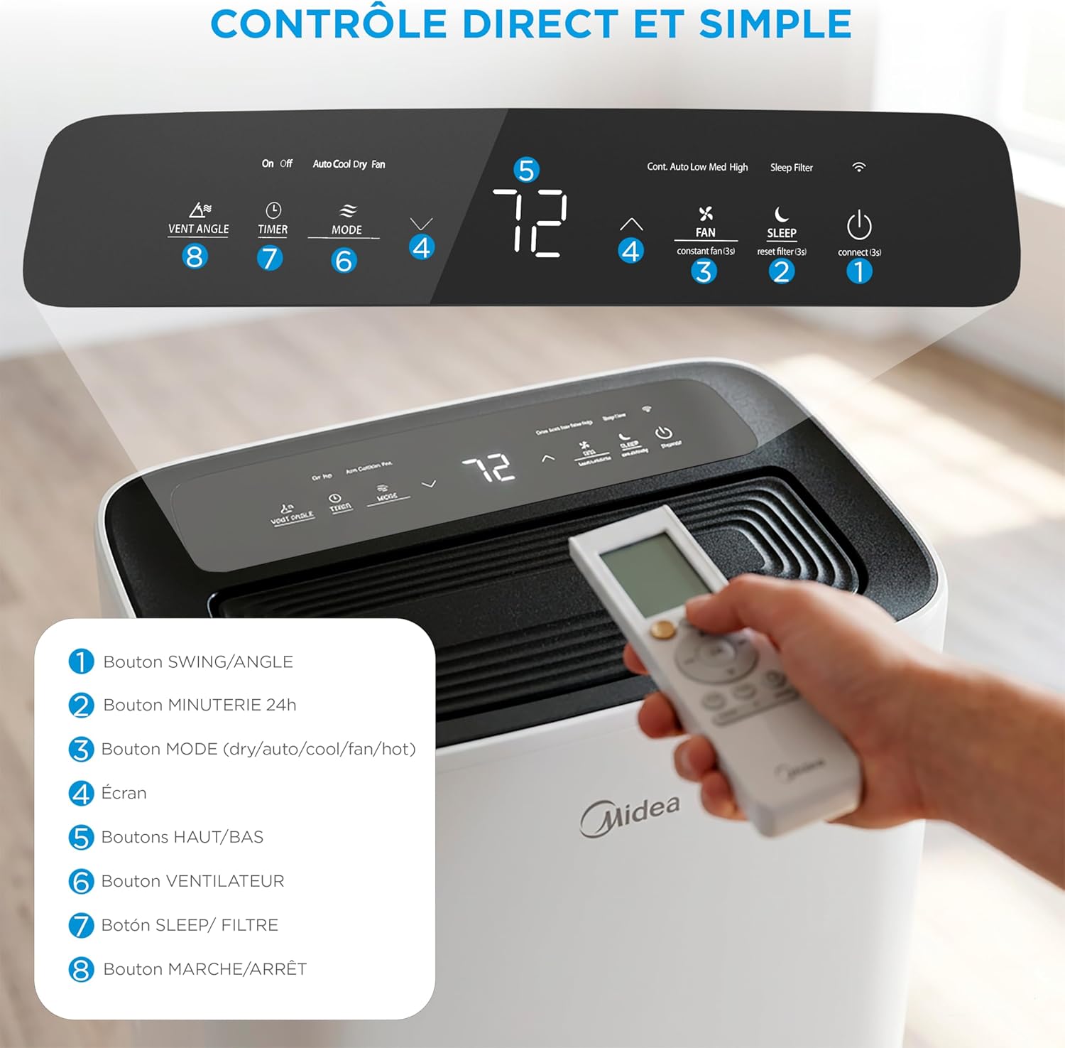 MIDEA Climatiseur Mobile 12000 BTU - Appareil 4-en-1 avec Ioniseur, Double Filtre, Contrôle Wi-Fi/App et Télécommande, Kit Fenêtre Inclus, Classe Énergétique A - Blanc