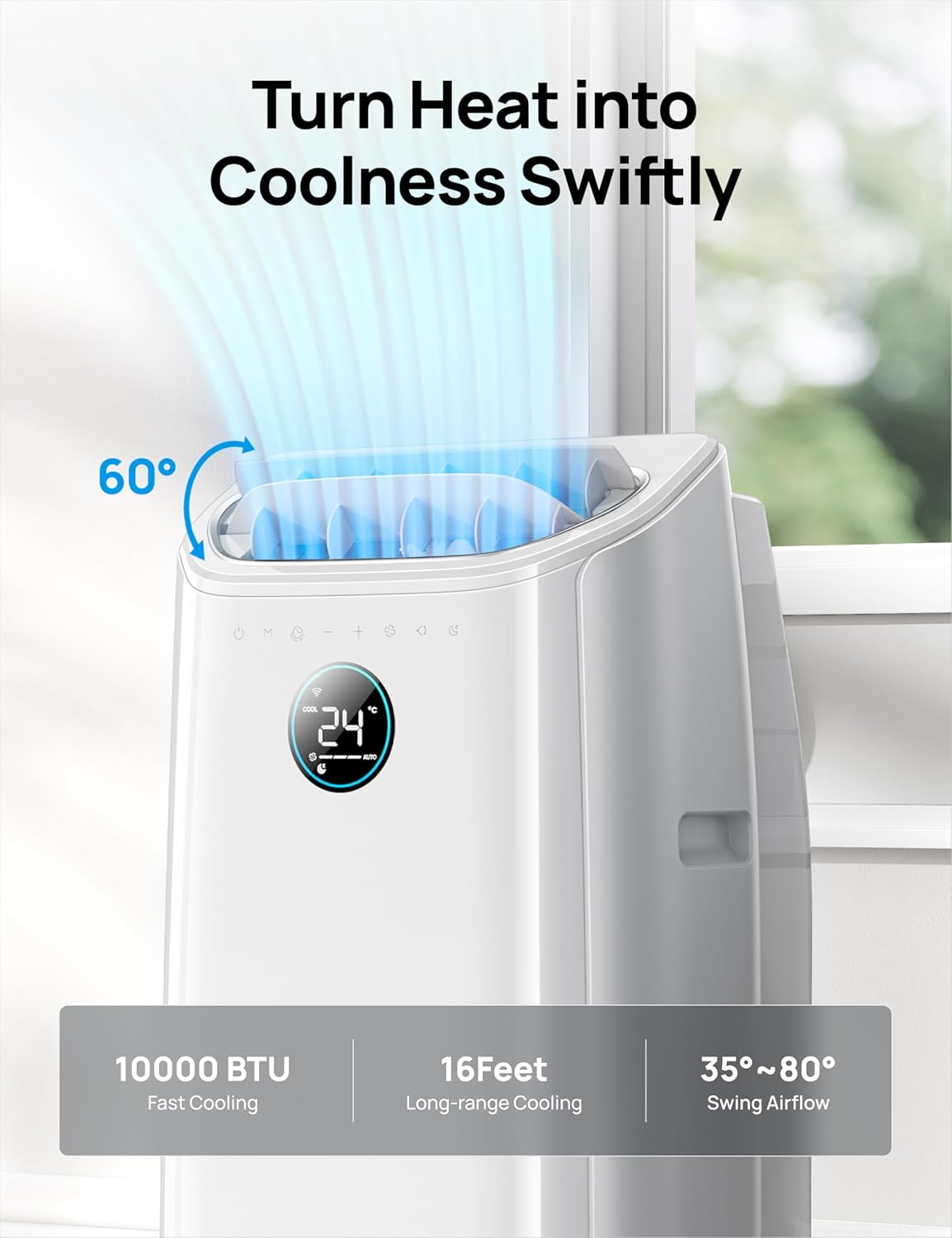 DREO DR-HAC005S Climatiseur Mobile 10 000 BTU - Appareil 3-en-1 avec Refroidissement Rapide, Déshumidificateur et Ventilateur, Contrôle Wi-Fi (Alexa/Google), Sans Drainage, Classe A - Blanc