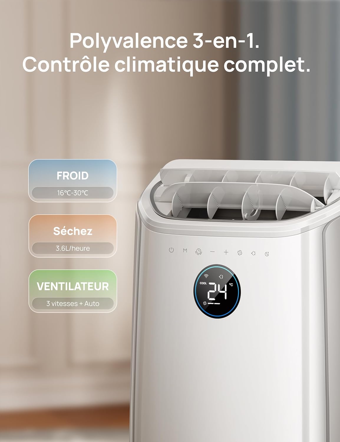 DREO DR-HAC006S Climatiseur Mobile 12 000 BTU - Appareil 3-en-1 avec Refroidissement IceCool, Déshumidificateur 3,2L/h, Connecté Wi-Fi (Alexa/Google), Silencieux 45 dB, Classe A - Blanc