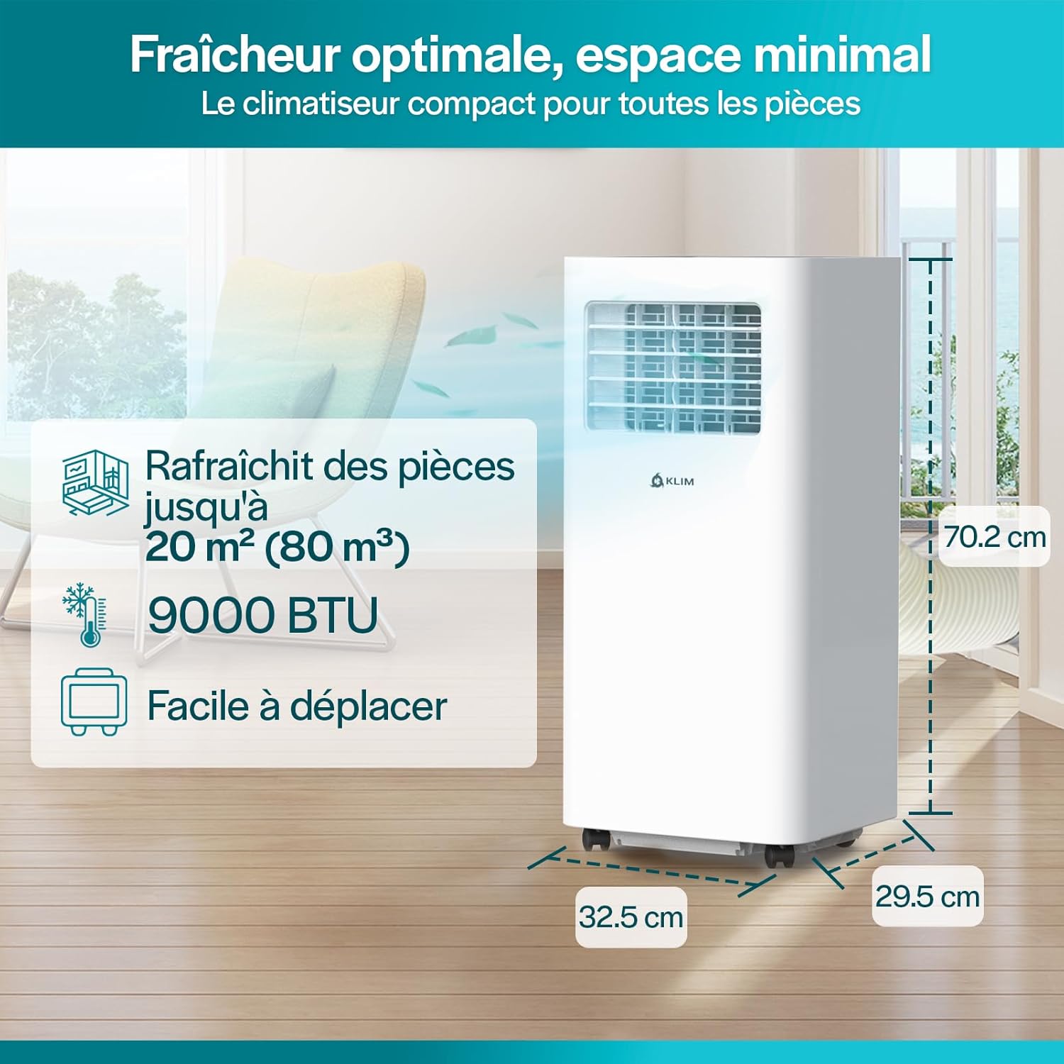 KLIM K9000 Climatiseur Mobile 9000 BTU - Appareil 3-en-1 avec Refroidissement, Déshumidificateur et Ventilateur, Mode Silencieux, Classe Énergétique A - Blanc