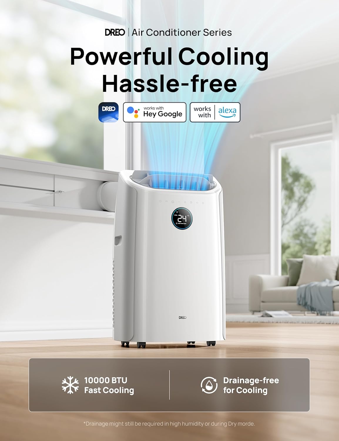 DREO DR-HAC005S Climatiseur Mobile 10 000 BTU - Appareil 3-en-1 avec Refroidissement Rapide, Déshumidificateur et Ventilateur, Contrôle Wi-Fi (Alexa/Google), Sans Drainage, Classe A - Blanc