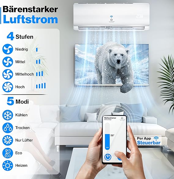 KESSER® Climatiseur Split 12 000 BTU (3,4 kW) - Système Réversible Inverter A++/A+, Connecté Wi-Fi/App, Gaz Écologique R32, Kit de Montage Complet Inclus - Blanc