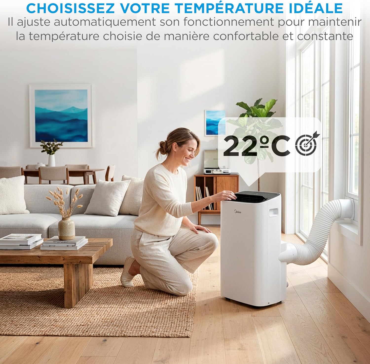 MIDEA Climatiseur Mobile 12000 BTU - Appareil 4-en-1 avec Ioniseur, Double Filtre, Contrôle Wi-Fi/App et Télécommande, Kit Fenêtre Inclus, Classe Énergétique A - Blanc
