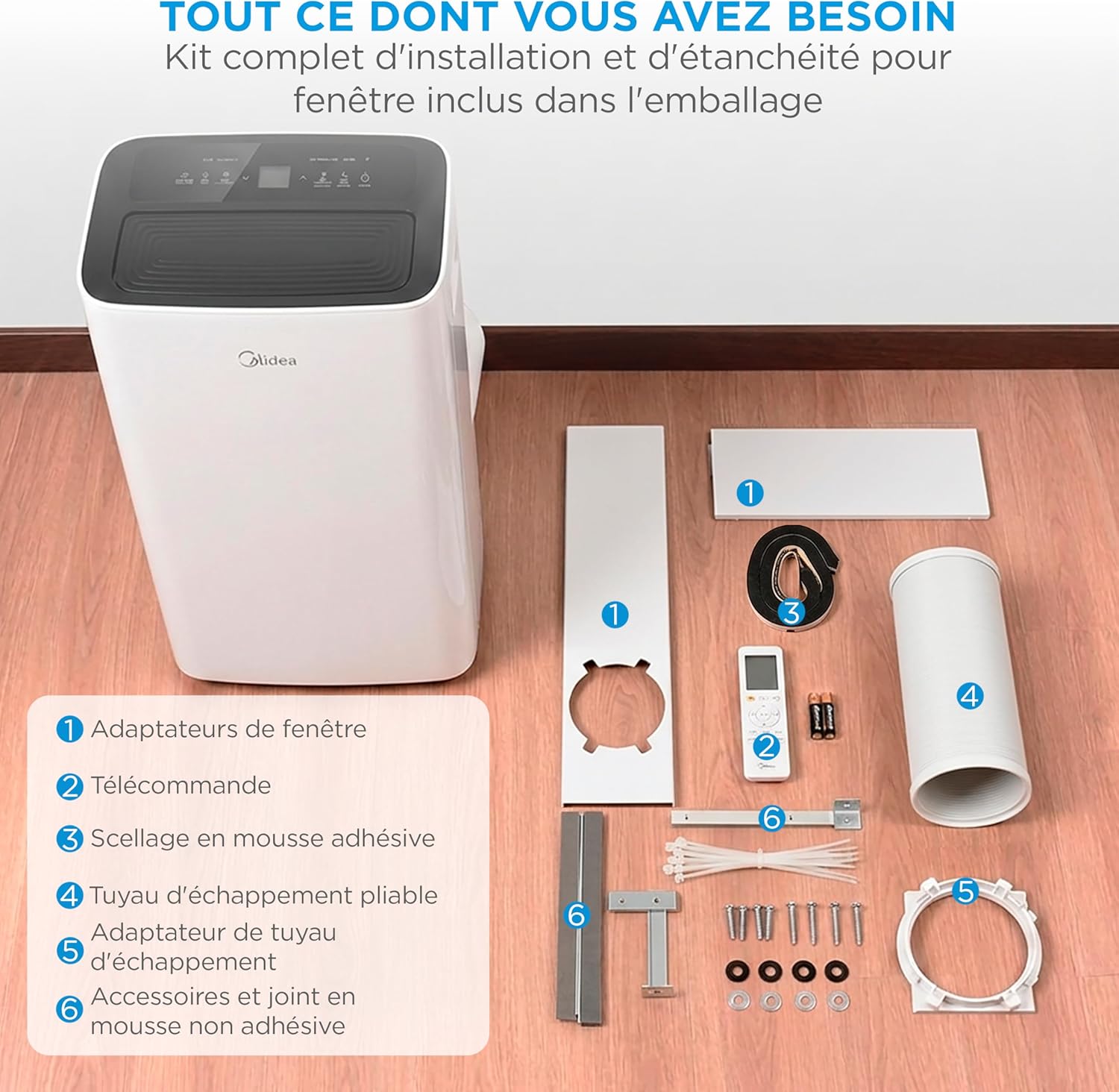 MIDEA Climatiseur Mobile 12000 BTU - Appareil 4-en-1 avec Ioniseur, Double Filtre, Contrôle Wi-Fi/App et Télécommande, Kit Fenêtre Inclus, Classe Énergétique A - Blanc