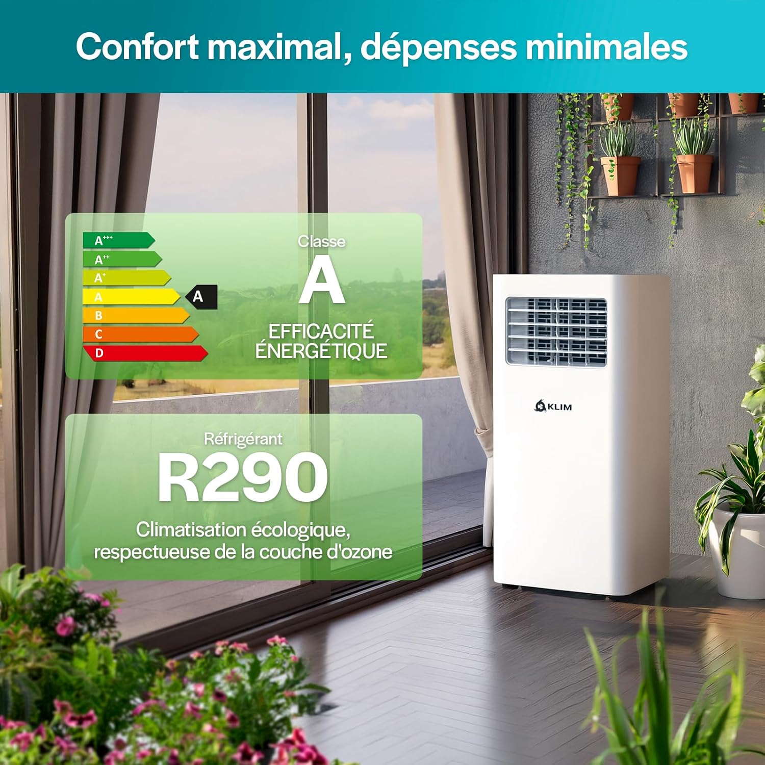 KLIM K9000 Climatiseur Mobile 9000 BTU - Appareil 3-en-1 avec Refroidissement, Déshumidificateur et Ventilateur, Mode Silencieux, Classe Énergétique A - Blanc
