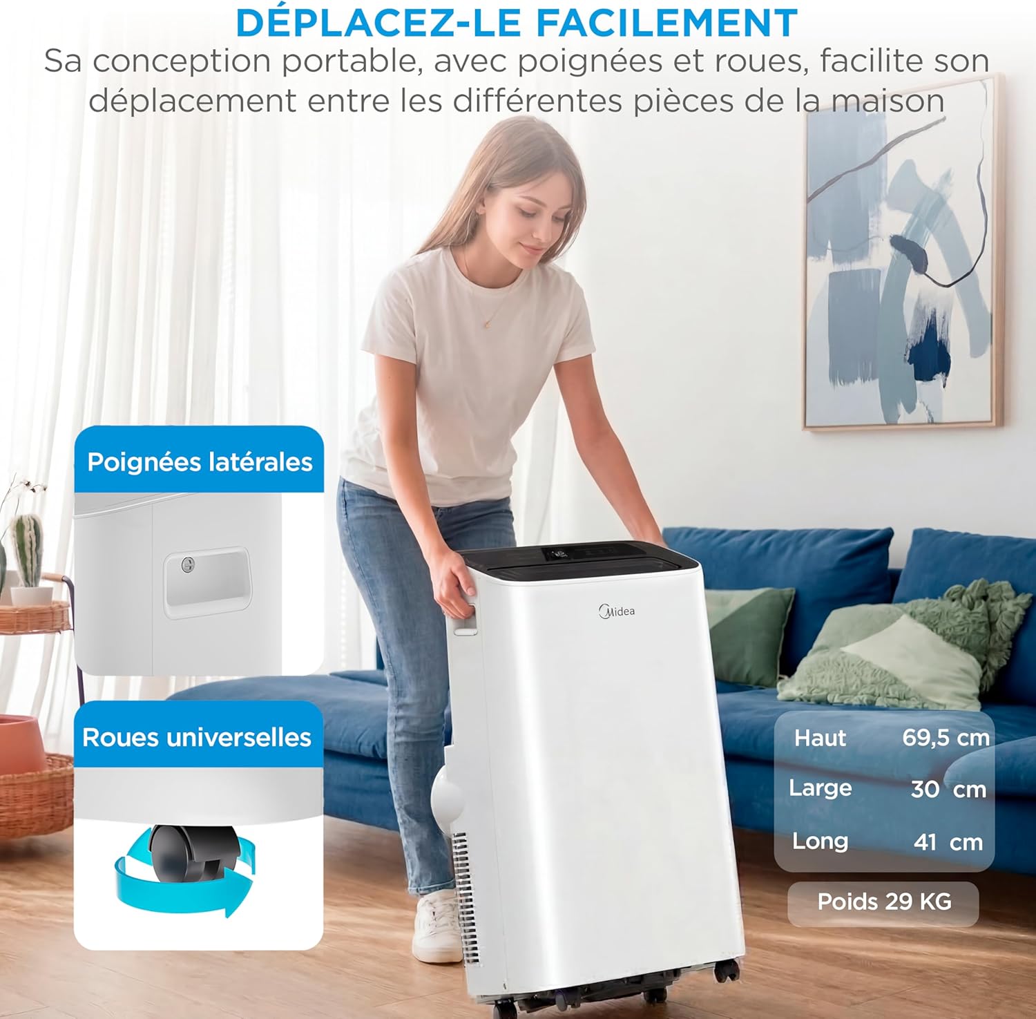 MIDEA Climatiseur Mobile 12000 BTU - Appareil 4-en-1 avec Ioniseur, Double Filtre, Contrôle Wi-Fi/App et Télécommande, Kit Fenêtre Inclus, Classe Énergétique A - Blanc