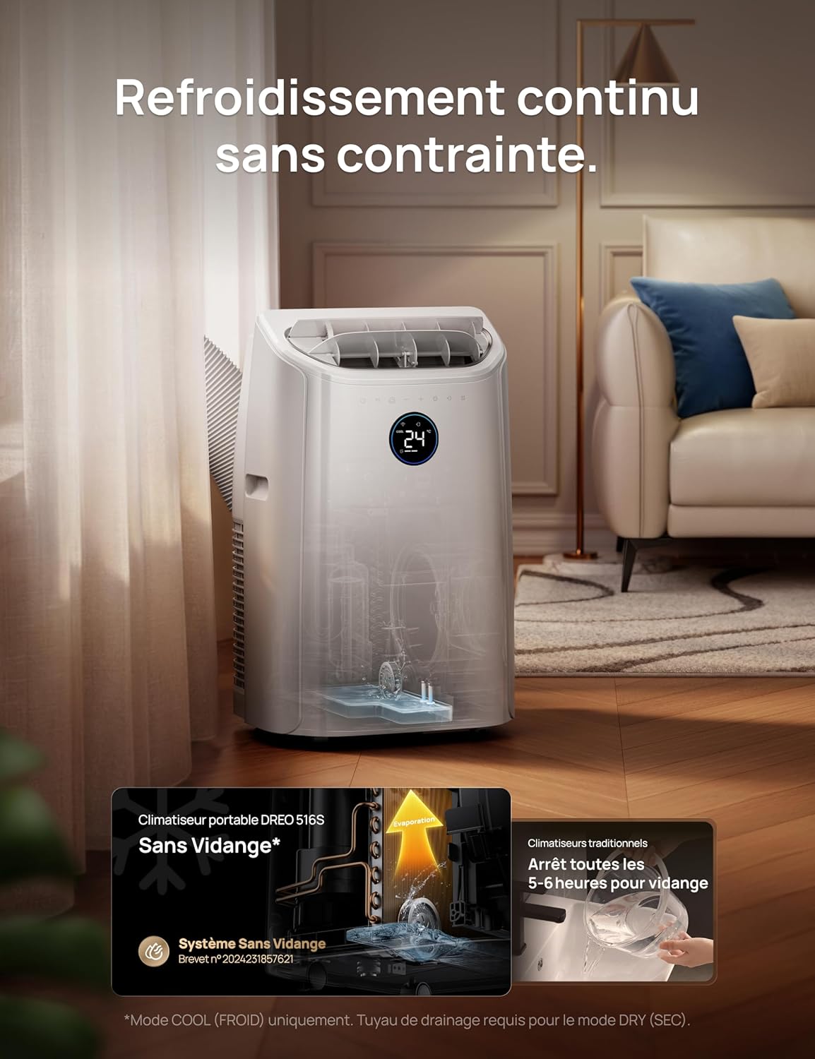 DREO DR-HAC006S Climatiseur Mobile 12 000 BTU - Appareil 3-en-1 avec Refroidissement IceCool, Déshumidificateur 3,2L/h, Connecté Wi-Fi (Alexa/Google), Silencieux 45 dB, Classe A - Blanc