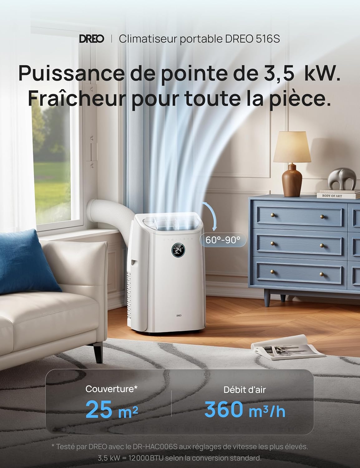 DREO DR-HAC006S Climatiseur Mobile 12 000 BTU - Appareil 3-en-1 avec Refroidissement IceCool, Déshumidificateur 3,2L/h, Connecté Wi-Fi (Alexa/Google), Silencieux 45 dB, Classe A - Blanc