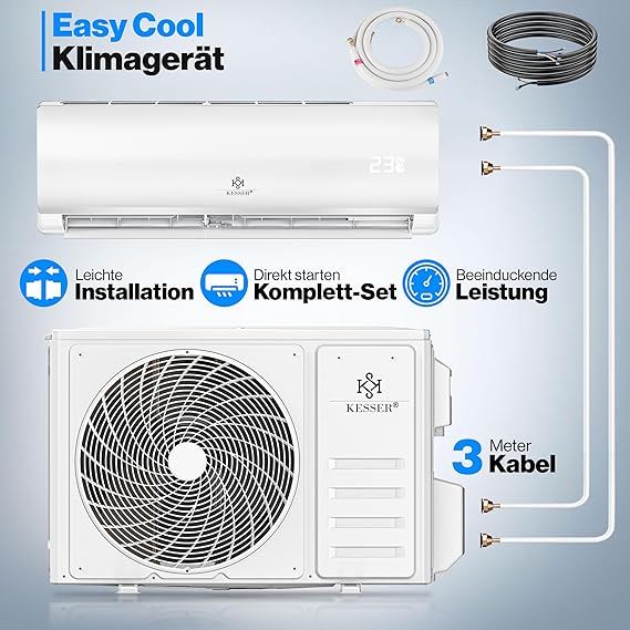KESSER® Climatiseur Split 12 000 BTU (3,4 kW) - Système Réversible Inverter A++/A+, Connecté Wi-Fi/App, Gaz Écologique R32, Kit de Montage Complet Inclus - Blanc