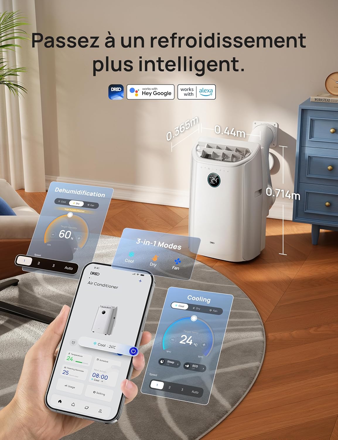 DREO DR-HAC006S Climatiseur Mobile 12 000 BTU - Appareil 3-en-1 avec Refroidissement IceCool, Déshumidificateur 3,2L/h, Connecté Wi-Fi (Alexa/Google), Silencieux 45 dB, Classe A - Blanc