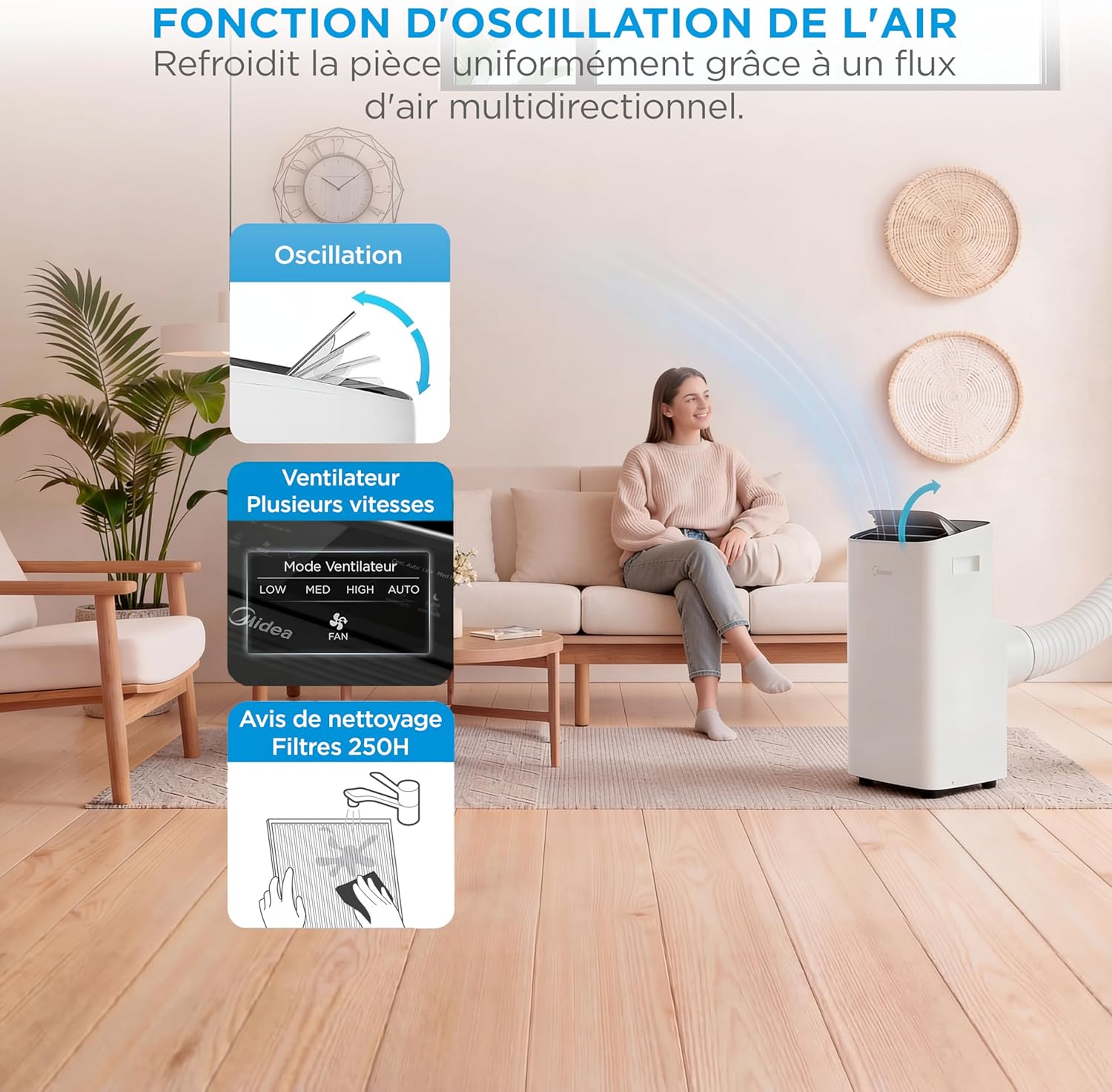 MIDEA Climatiseur Mobile 12000 BTU - Appareil 4-en-1 avec Ioniseur, Double Filtre, Contrôle Wi-Fi/App et Télécommande, Kit Fenêtre Inclus, Classe Énergétique A - Blanc