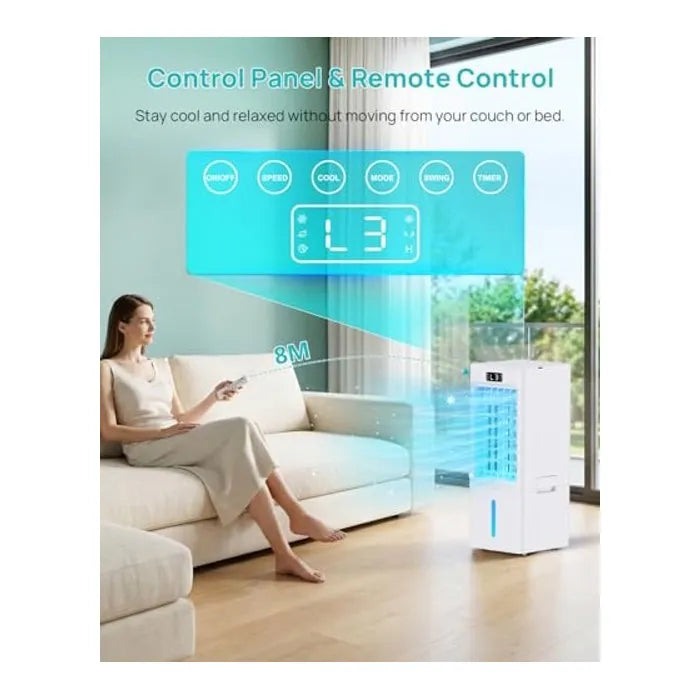 PIAZCEW Rafraîchisseur d'Air 4-en-1 - Climatiseur Mobile Portable Silencieux 40 dB, Réservoir 6L, 3 Vitesses, 4 Modes, Minuterie 12H et 4 Packs de Glace Inclus - Blanc