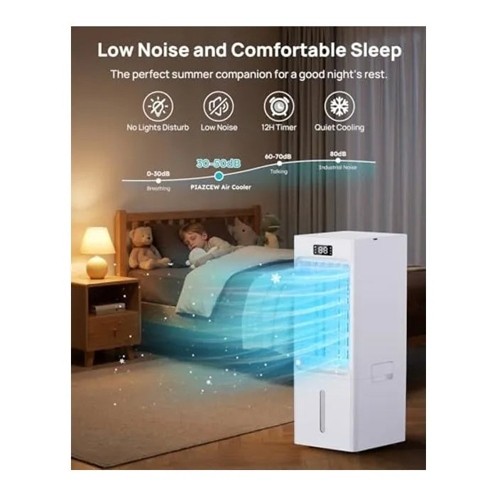 PIAZCEW Rafraîchisseur d'Air 4-en-1 - Climatiseur Mobile Portable Silencieux 40 dB, Réservoir 6L, 3 Vitesses, 4 Modes, Minuterie 12H et 4 Packs de Glace Inclus - Blanc