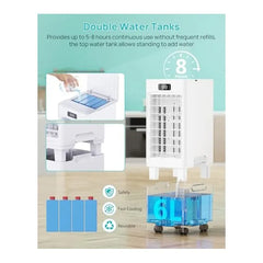 PIAZCEW Rafraîchisseur d'Air 4-en-1 - Climatiseur Mobile Portable Silencieux 40 dB, Réservoir 6L, 3 Vitesses, 4 Modes, Minuterie 12H et 4 Packs de Glace Inclus - Blanc