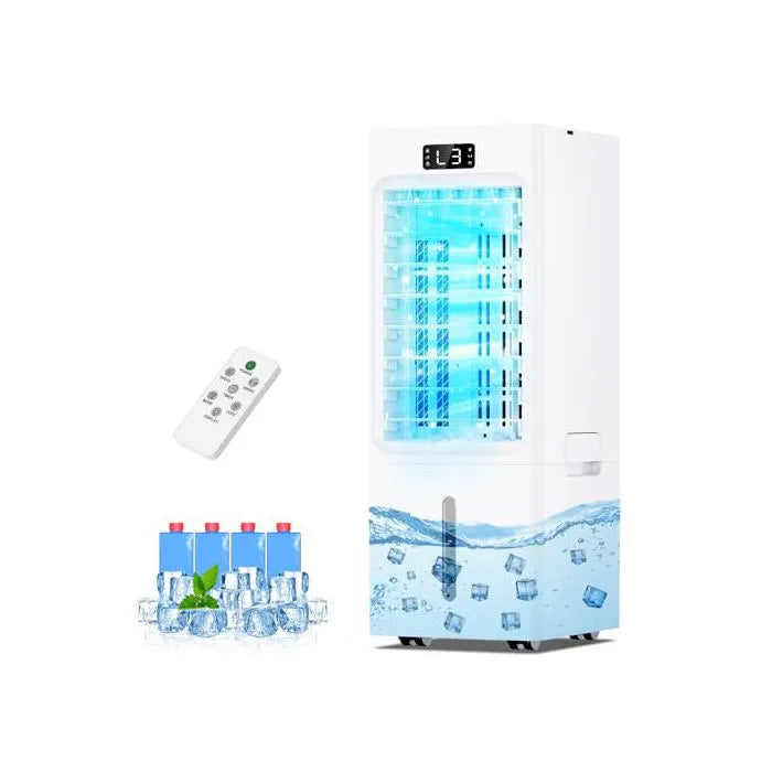 PIAZCEW Rafraîchisseur d'Air 4-en-1 - Climatiseur Mobile Portable Silencieux 40 dB, Réservoir 6L, 3 Vitesses, 4 Modes, Minuterie 12H et 4 Packs de Glace Inclus - Blanc