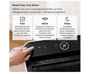 Bosch Cool 4000 Climatiseur Mobile 9 000 BTU (2,6 kW) - Appareil 4-en-1 avec Déshumidification et Ventilation, Silencieux en Mode Nuit, Classe Énergétique A+, Pour 35 m² - Blanc/Noir