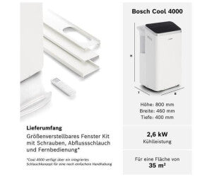 Bosch Cool 4000 Climatiseur Mobile 9 000 BTU (2,6 kW) - Appareil 4-en-1 avec Déshumidification et Ventilation, Silencieux en Mode Nuit, Classe Énergétique A+, Pour 35 m² - Blanc/Noir
