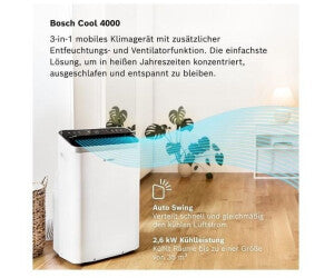 Bosch Cool 4000 Climatiseur Mobile 9 000 BTU (2,6 kW) - Appareil 4-en-1 avec Déshumidification et Ventilation, Silencieux en Mode Nuit, Classe Énergétique A+, Pour 35 m² - Blanc/Noir