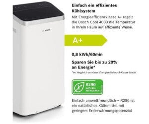 Bosch Cool 4000 Climatiseur Mobile 9 000 BTU (2,6 kW) - Appareil 4-en-1 avec Déshumidification et Ventilation, Silencieux en Mode Nuit, Classe Énergétique A+, Pour 35 m² - Blanc/Noir