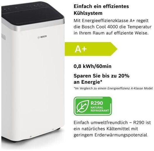 Bosch Cool 4000 Climatiseur Mobile 9000 BTU (2,6 kW) - Appareil 3-en-1 avec Refroidissement, Déshumidification et Ventilation, Oscillation Swing, Classe Énergétique A+ - Blanc/Noir