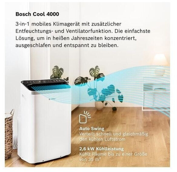 Bosch Cool 4000 Climatiseur Mobile 9000 BTU (2,6 kW) - Appareil 3-en-1 avec Refroidissement, Déshumidification et Ventilation, Oscillation Swing, Classe Énergétique A+ - Blanc/Noir