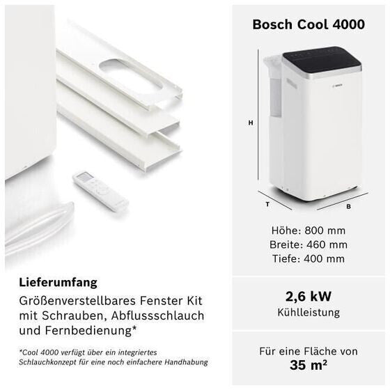 Bosch Cool 4000 Climatiseur Mobile 9000 BTU (2,6 kW) - Appareil 3-en-1 avec Refroidissement, Déshumidification et Ventilation, Oscillation Swing, Classe Énergétique A+ - Blanc/Noir