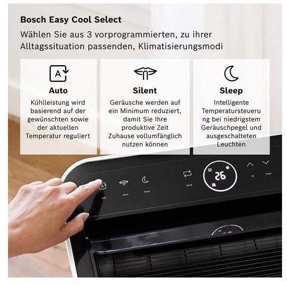 Bosch Cool 4000 Climatiseur Mobile 9000 BTU (2,6 kW) - Appareil 3-en-1 avec Refroidissement, Déshumidification et Ventilation, Oscillation Swing, Classe Énergétique A+ - Blanc/Noir