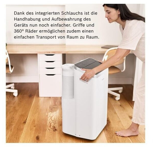 Bosch Cool 4000 Climatiseur Mobile 9000 BTU (2,6 kW) - Appareil 3-en-1 avec Refroidissement, Déshumidification et Ventilation, Oscillation Swing, Classe Énergétique A+ - Blanc/Noir