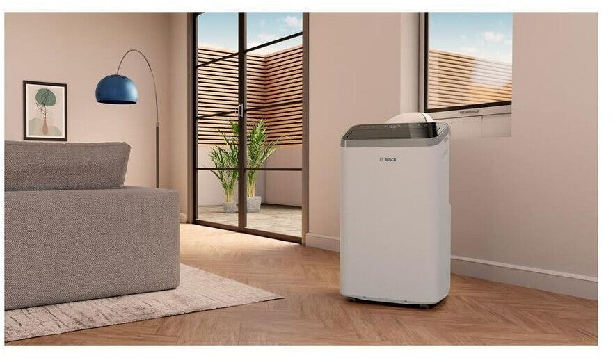 Bosch Cool 4000 Climatiseur Mobile 9000 BTU (2,6 kW) - Appareil 3-en-1 avec Refroidissement, Déshumidification et Ventilation, Oscillation Swing, Classe Énergétique A+ - Blanc/Noir