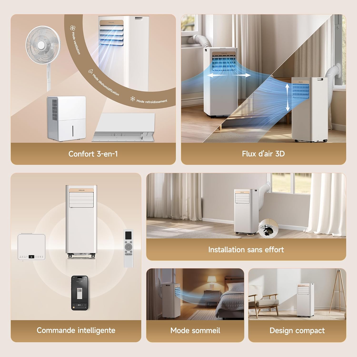 Dreame P-Wind10 Climatiseur Mobile Portable 9000 BTU - Appareil 3-en-1 avec Climatisation, Déshumidificateur et Ventilateur, Contrôle Wi-Fi (Appli) et Télécommande, Classe A - Gold