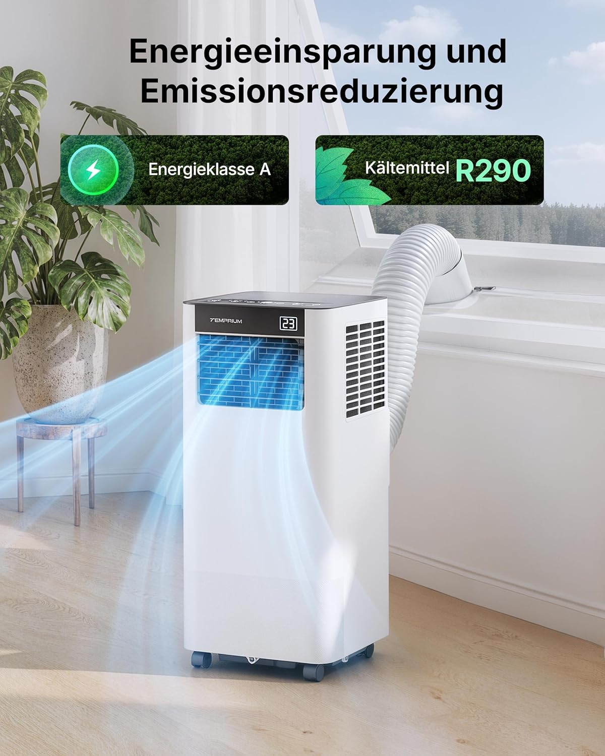Temprium Climatiseur Mobile 9000 BTU (2,6 kW) - Appareil Écoénergétique 3-en-1 avec Contrôle Wi-Fi/Vocal, Mode Nuit Silencieux 48 dB, Minuterie 24H et Kit Fenêtre Inclus, Classe A - Blanc