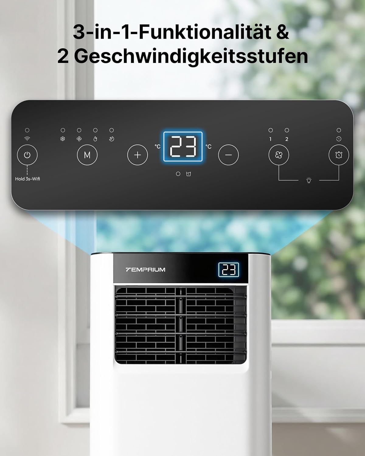 Temprium Climatiseur Mobile 9000 BTU (2,6 kW) - Appareil Écoénergétique 3-en-1 avec Contrôle Wi-Fi/Vocal, Mode Nuit Silencieux 48 dB, Minuterie 24H et Kit Fenêtre Inclus, Classe A - Blanc