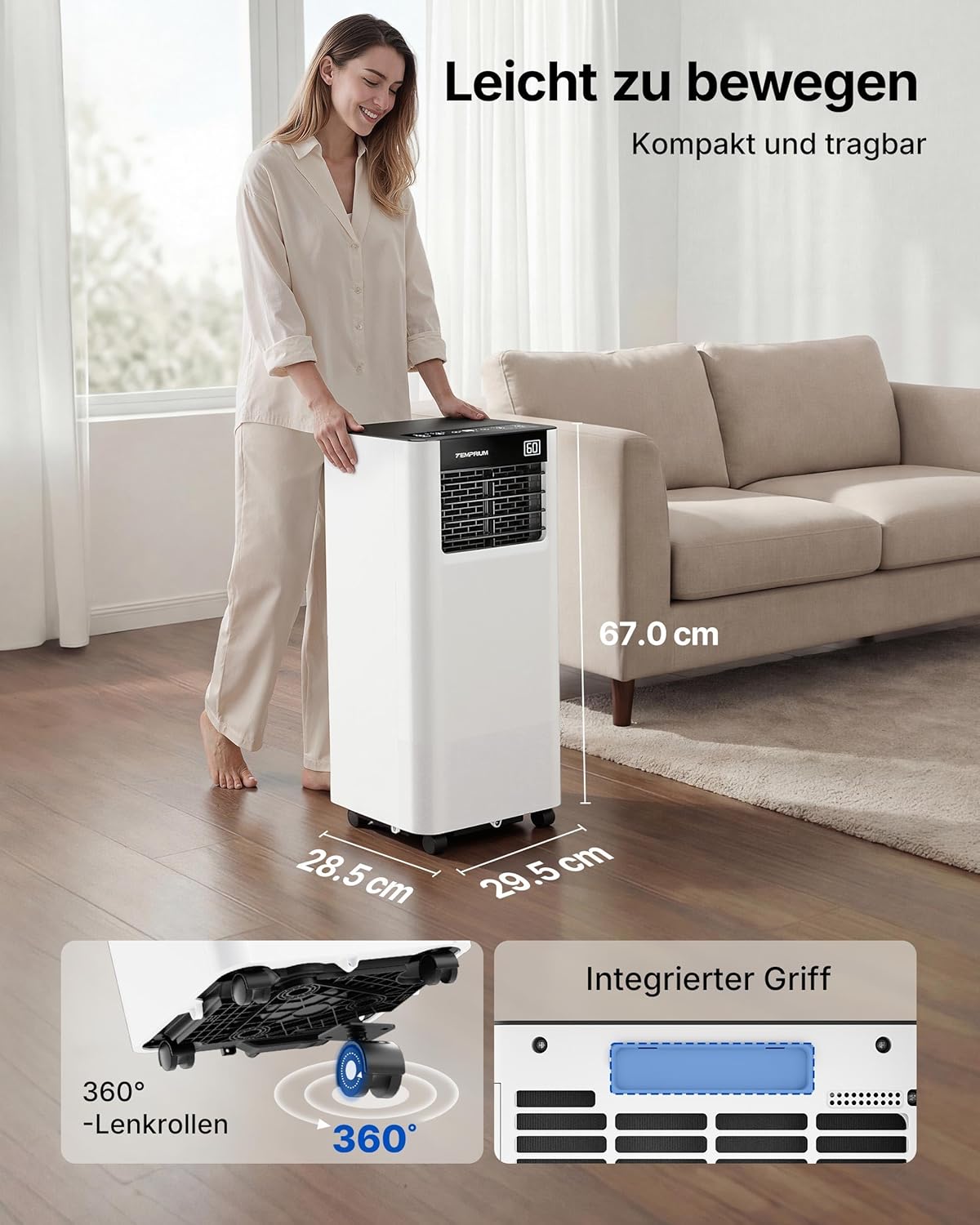 Temprium Climatiseur Mobile 9000 BTU (2,6 kW) - Appareil Écoénergétique 3-en-1 avec Contrôle Wi-Fi/Vocal, Mode Nuit Silencieux 48 dB, Minuterie 24H et Kit Fenêtre Inclus, Classe A - Blanc