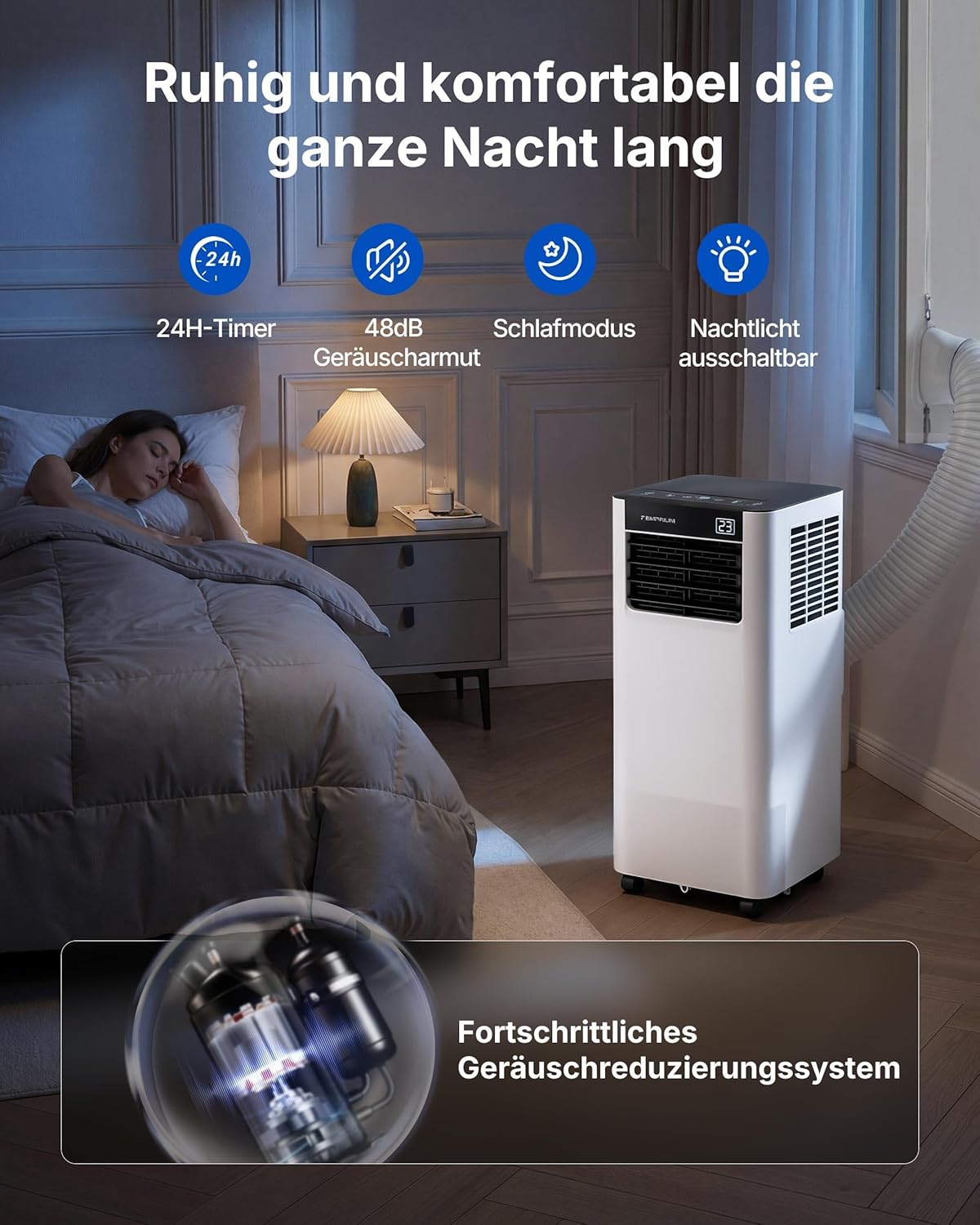 Temprium Climatiseur Mobile 9000 BTU (2,6 kW) - Appareil Écoénergétique 3-en-1 avec Contrôle Wi-Fi/Vocal, Mode Nuit Silencieux 48 dB, Minuterie 24H et Kit Fenêtre Inclus, Classe A - Blanc
