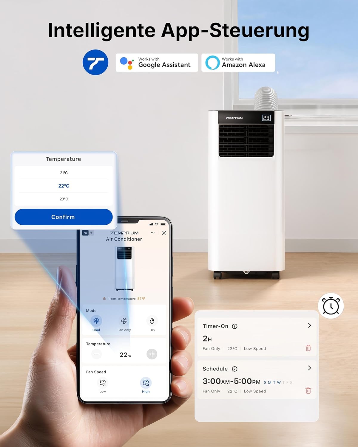 Temprium Climatiseur Mobile 9000 BTU (2,6 kW) - Appareil Écoénergétique 3-en-1 avec Contrôle Wi-Fi/Vocal, Mode Nuit Silencieux 48 dB, Minuterie 24H et Kit Fenêtre Inclus, Classe A - Blanc