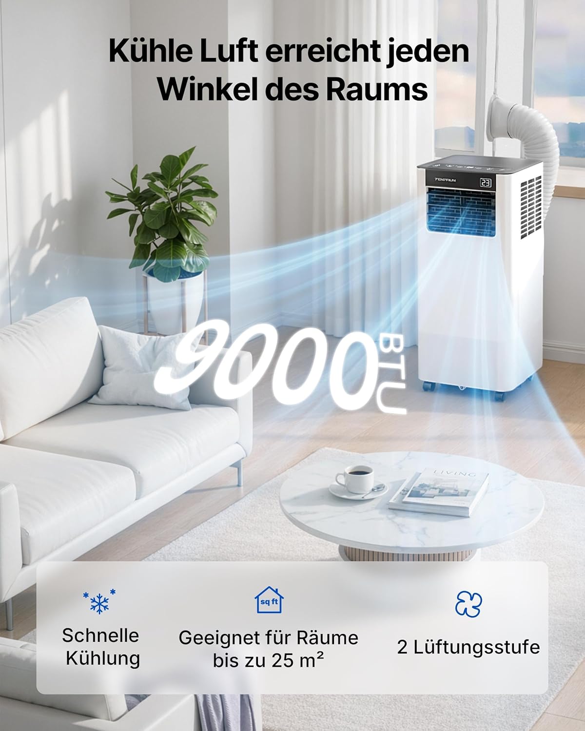 Temprium Climatiseur Mobile 9000 BTU (2,6 kW) - Appareil Écoénergétique 3-en-1 avec Contrôle Wi-Fi/Vocal, Mode Nuit Silencieux 48 dB, Minuterie 24H et Kit Fenêtre Inclus, Classe A - Blanc