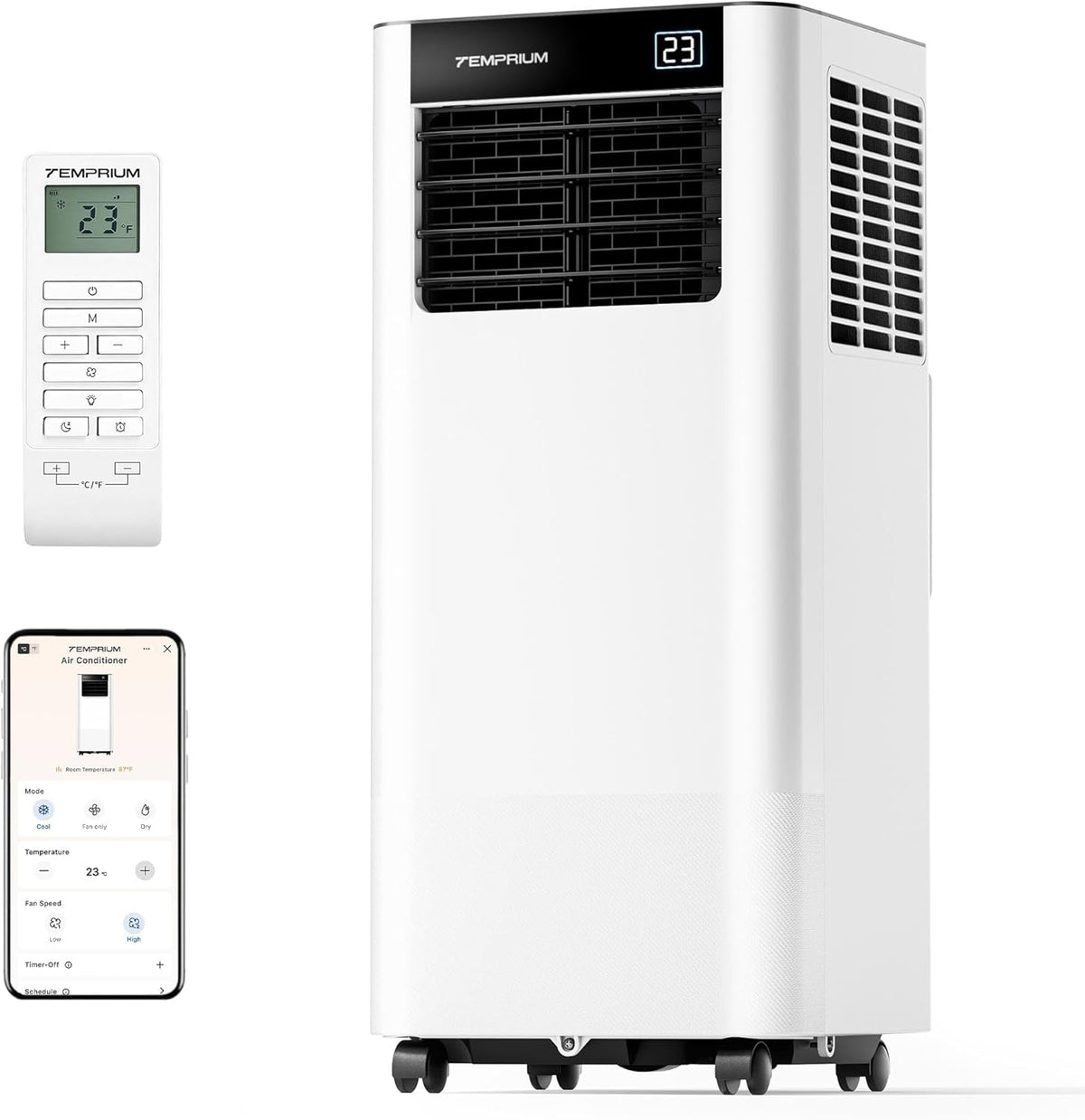 Temprium Climatiseur Mobile 9000 BTU (2,6 kW) - Appareil Écoénergétique 3-en-1 avec Contrôle Wi-Fi/Vocal, Mode Nuit Silencieux 48 dB, Minuterie 24H et Kit Fenêtre Inclus, Classe A - Blanc