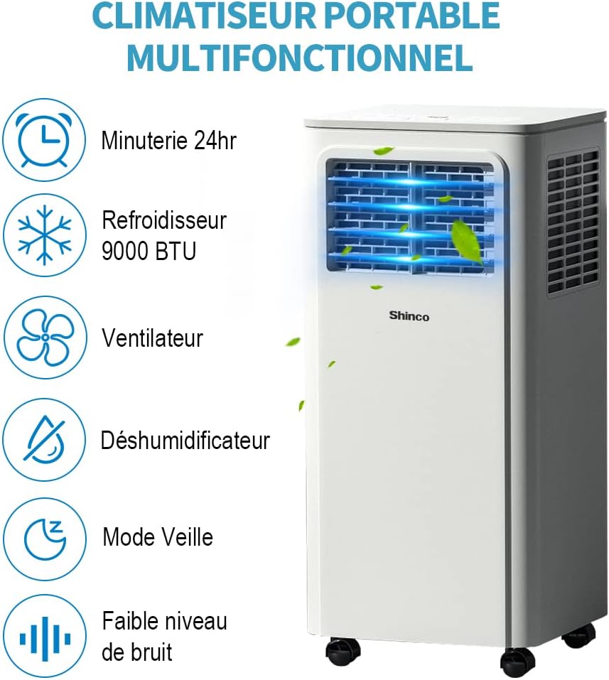SHINCO Climatiseur Mobile 7000 BTU (2,1 kW) - Appareil 3-en-1 avec Climatisation, Déshumidificateur et Ventilateur, Minuteur 24h, Télécommande et Kit Fenêtre inclus - Blanc
