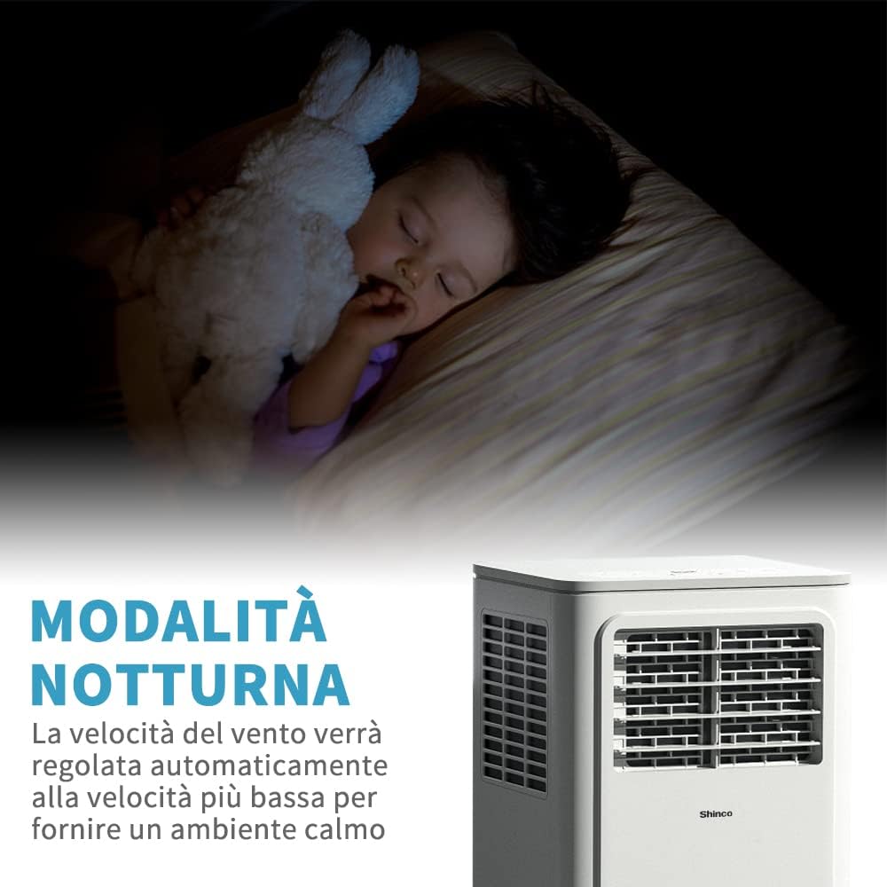 SHINCO Climatiseur Mobile 7000 BTU (2,1 kW) - Appareil 3-en-1 avec Climatisation, Déshumidificateur et Ventilateur, Minuteur 24h, Télécommande et Kit Fenêtre inclus - Blanc