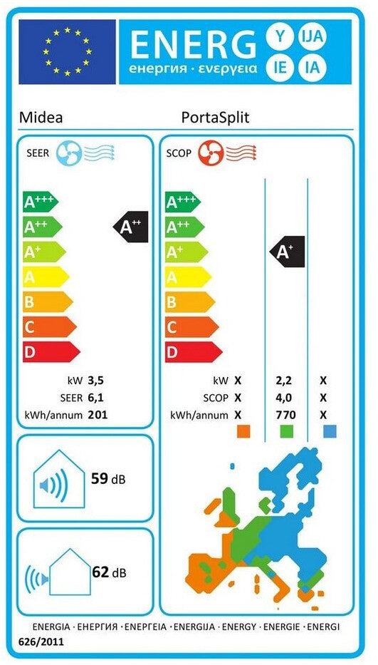 Midea PortaSplit Climatiseur Split Mobile Réversible 12 000 BTU (3,5 kW) - Appareil 3-en-1 avec Chauffage et Climatisation, Wi-Fi Intelligent, Silencieux 39 dB, Classe Énergétique A++/A+ - Blanc