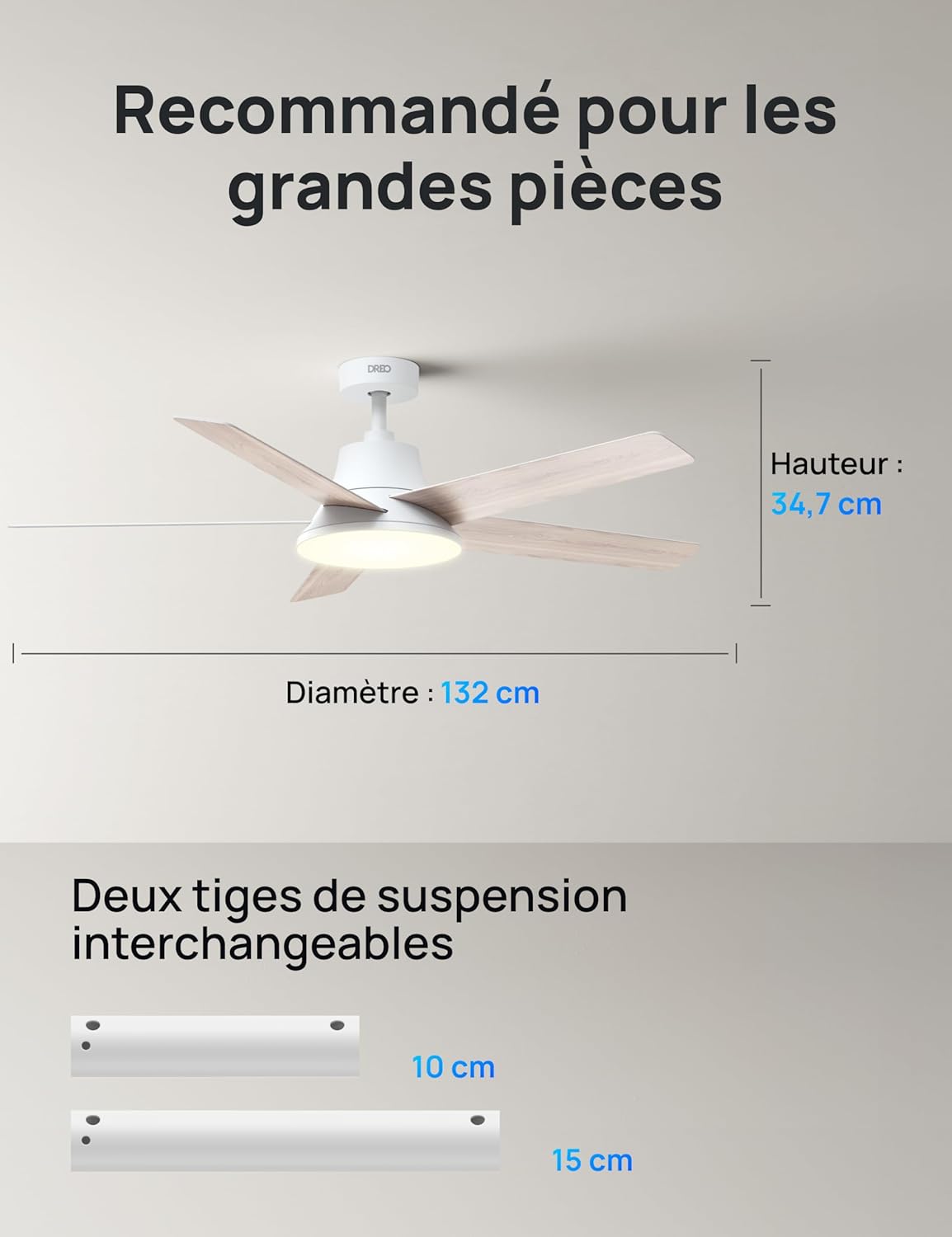 DREO DR-HCF001S White - Ventilateur de plafond intelligent 132cm, lumière LED dimmable et réglable, moteur DC silencieux 12 vitesses, compatible Alexa - Blanc